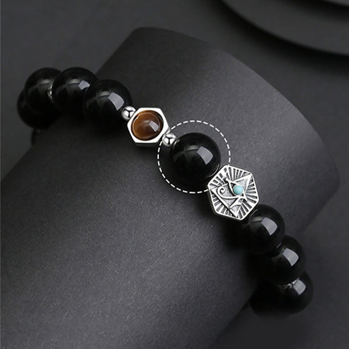 Bracelet de purification en argent sterling 925 avec Buddha Stones noire et œil de tigre de la Providence