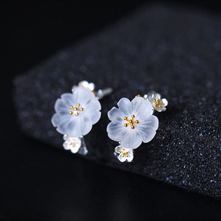 Boucles d'oreilles en argent sterling 925 Buddha Stones et fleurs de prunier