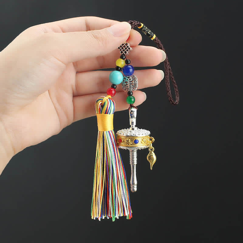 Roue de prière tibétaine Om Mani Padme Hum avec pompon pour sac, décoration suspendue pour voiture