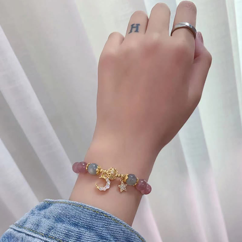Bracelet d'amour en pierre de lune, étoile et lune en quartz fraise et Buddha Stones