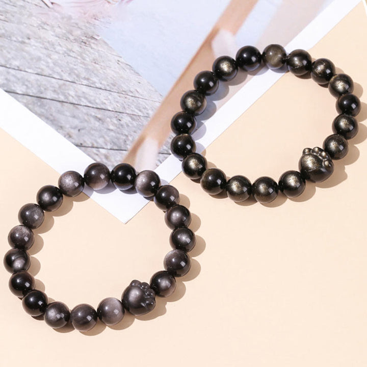 Bracelet de richesse en Buddha Stones naturelle et brillante en obsidienne argentée avec griffes de chat mignon - image 11