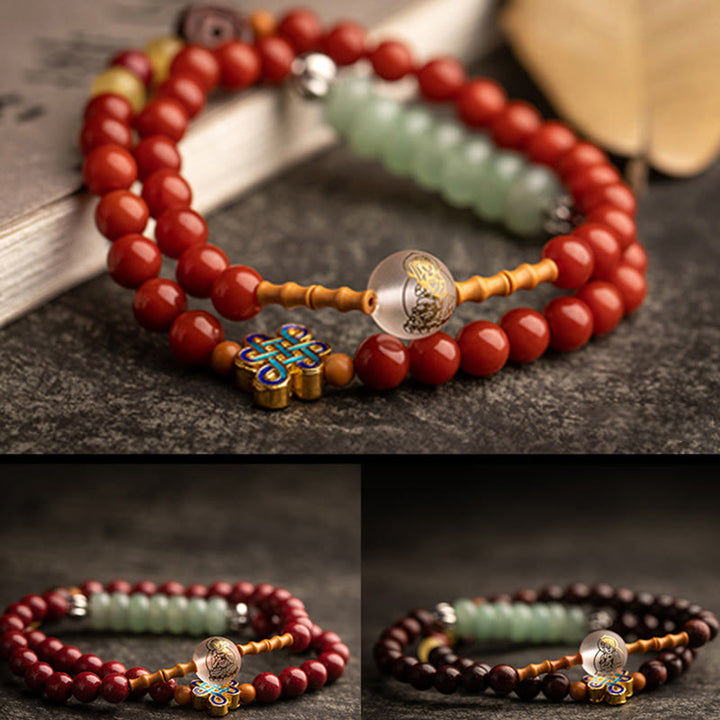 Buddha Stones Zodiaque chinois Bouddha natal Agate rouge Petite feuille Bois de santal rouge Cinabre Amulette Bénédiction Double Bracelet enroulé