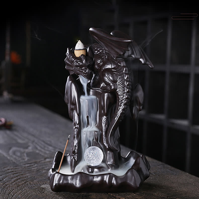 Fontaine à fumée à refoulement en céramique avec dragon nordique, brûleur d'encens de guérison et de méditation, décoration à boule LED
