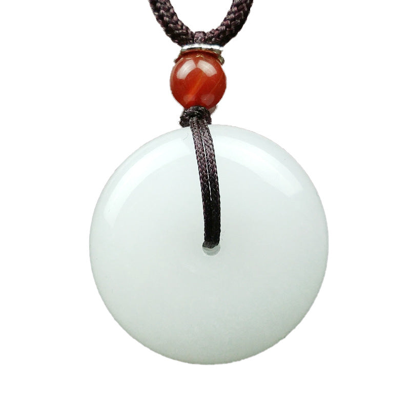 Collier pendentif en jade blanc Hetian rond avec Buddha Stones et boucle de paix