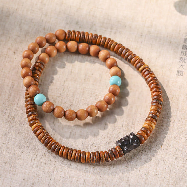 Bracelet double tour en bois de santal et turquoise, petites feuilles, Buddha Stones