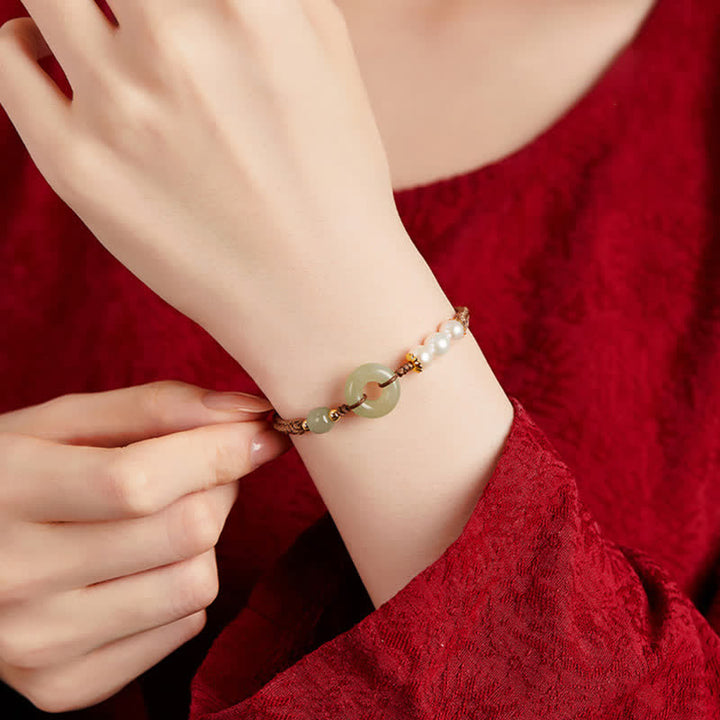 Bracelet porte-bonheur avec boucle de paix et perles de jade Hetian naturelles de Buddha Stones