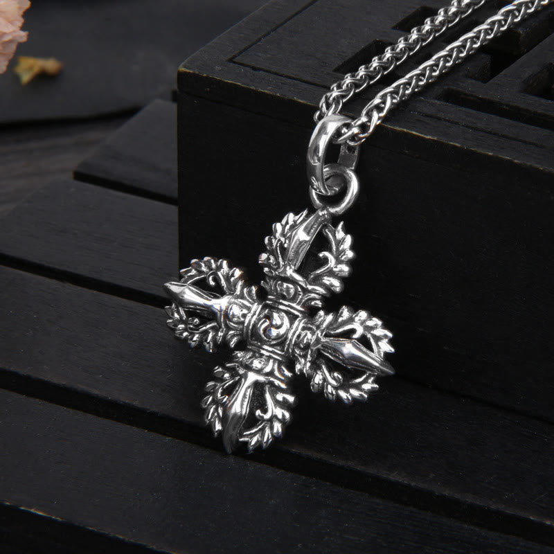Collier pendentif de force spirituelle double Dorje Vajra en argent sterling 925 Buddha Stones