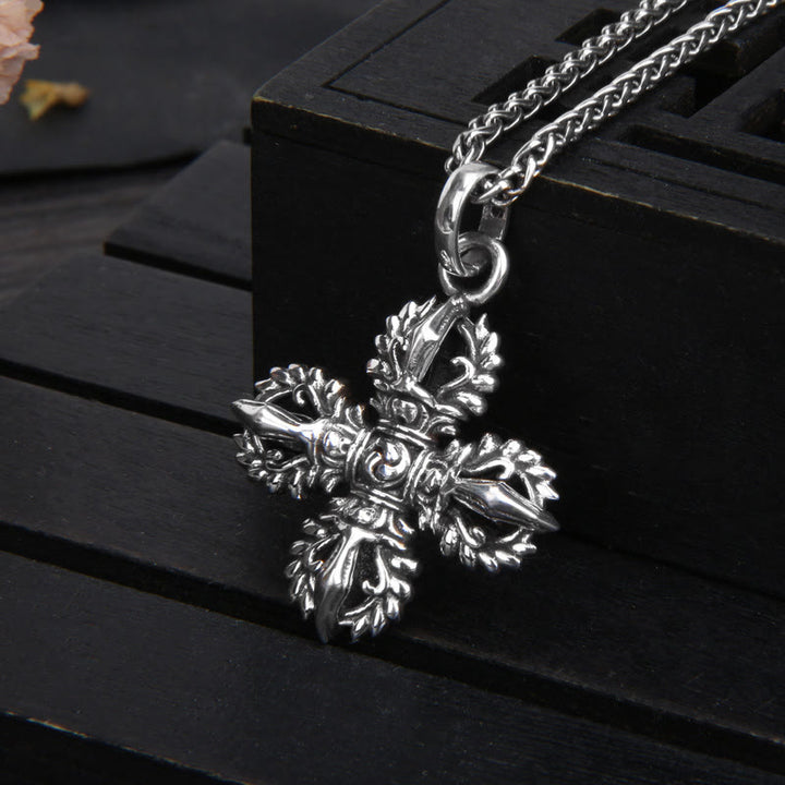 Collier pendentif de force spirituelle double Dorje Vajra en argent sterling 925 Buddha Stones
