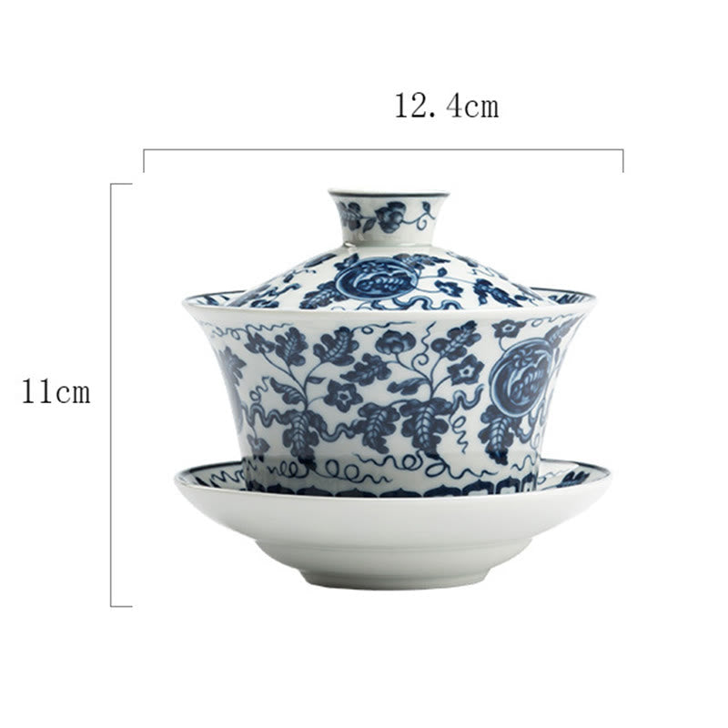 Buddha Stones Porcelaine Bleue et Blanche Lotus Koi Poisson Danse du Lion Pastèque Céramique Gaiwan Sancai Tasse à Thé Kung Fu Tasse à Thé Et Soucoupe Avec Couvercle 300 ml