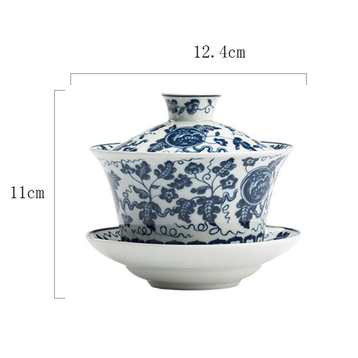 Buddha Stones Porcelaine Bleue et Blanche Lotus Koi Poisson Danse du Lion Pastèque Céramique Gaiwan Sancai Tasse à Thé Kung Fu Tasse à Thé Et Soucoupe Avec Couvercle 300 ml