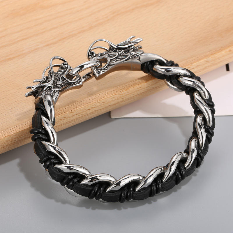 Bracelet tressé en cuir de dragon et acier titane pour protection et chance
