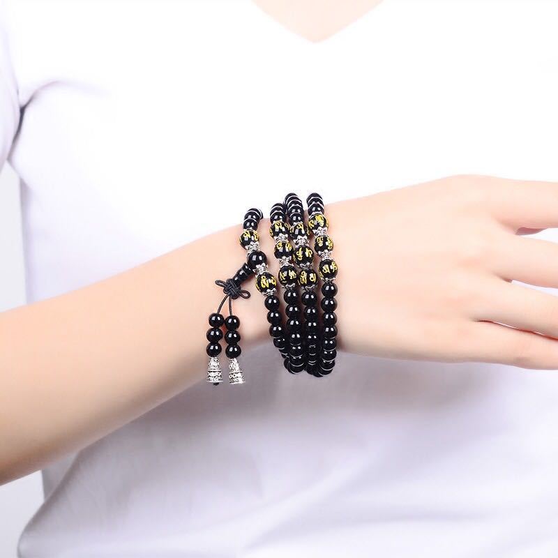 Bracelet Mala de protection en obsidienne noire avec six mots vrais de Buddha Stones