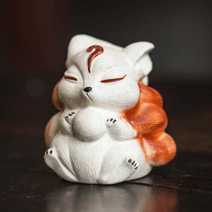 Mini renard à neuf queues en argile violette, décoration de bureau porte-bonheur en Buddha Stones