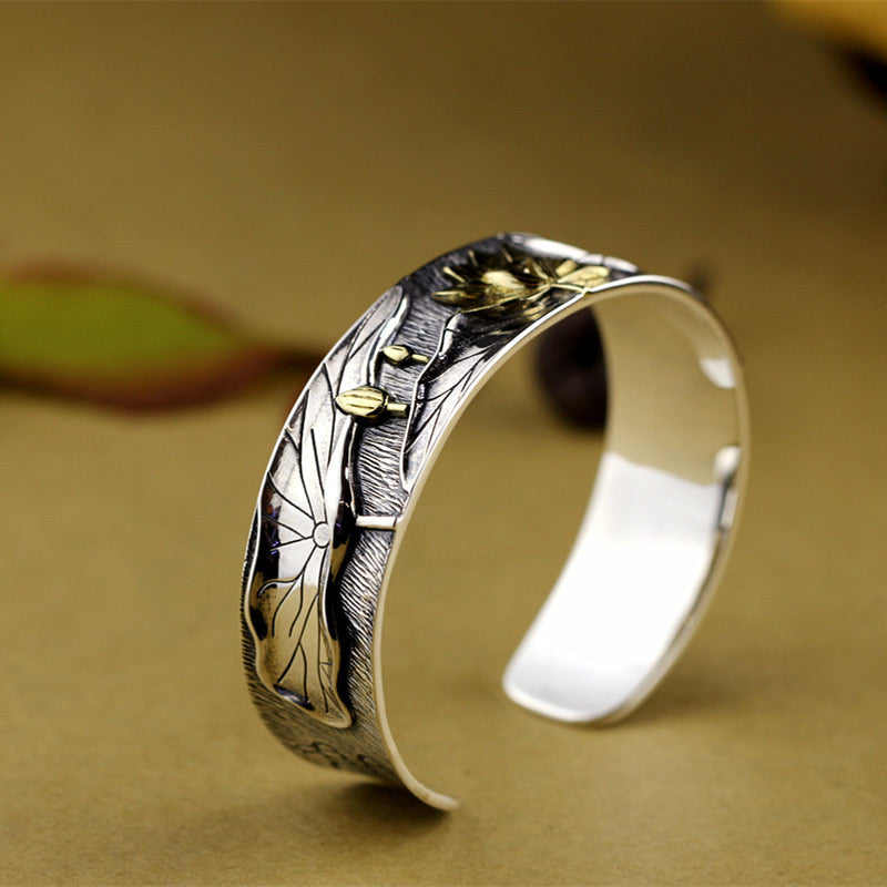 Bracelet réglable en argent sterling 925 Buddha Stones et fleur de lotus