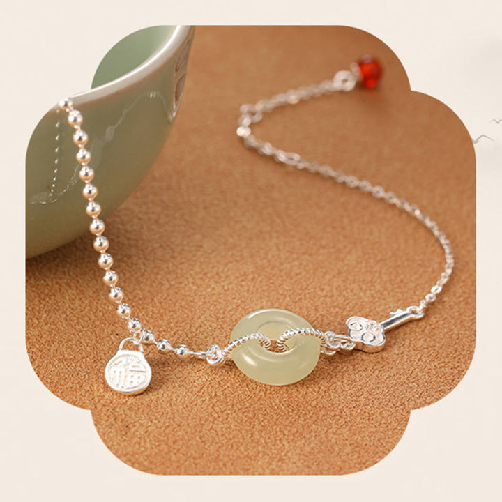 Bracelet chaîne porte-bonheur en argent sterling 925 avec boucle de paix en jade Hetian et Buddha Stones