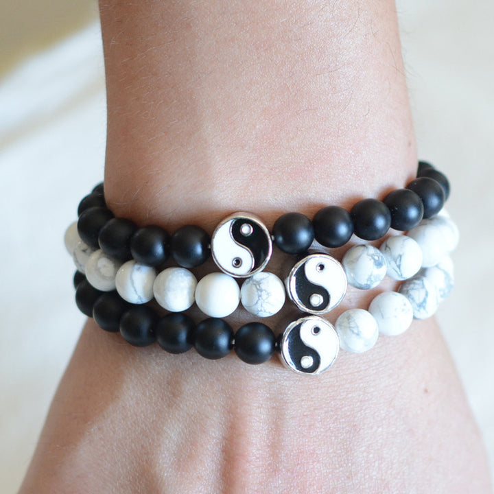 Bracelet de richesse Yin Yang en perles de pierre givrée turquoise blanche naturelle de 3 pièces Buddha Stones