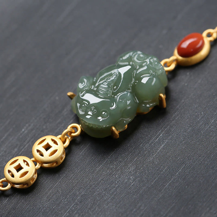 Bracelet chaîne de réussite en jade cyan PiXiu avec pièce de cuivre et agate rouge