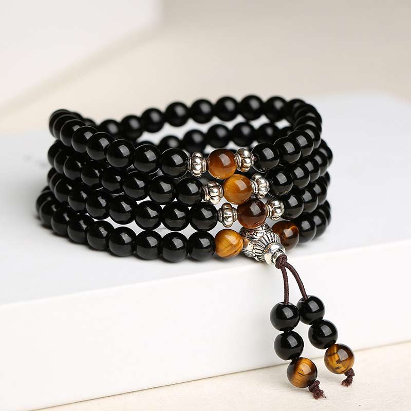Bracelet Mala de bénédiction en obsidienne noire et œil de tigre Buddha Stones