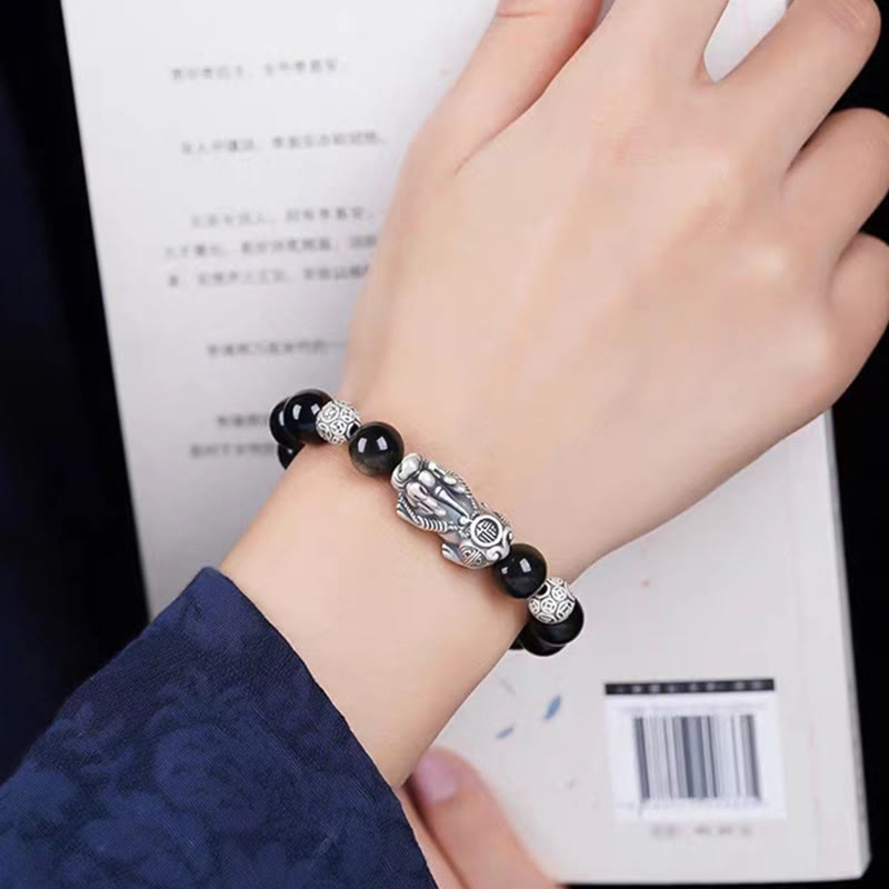 Bracelet de protection de richesse PiXiu en obsidienne naturelle dorée et argent sterling 925 Buddha Stones