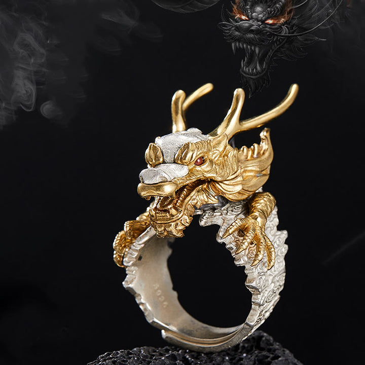 Pendentif bague réglable en argent sterling 925 Buddha Stones et dragon porte-bonheur et protection