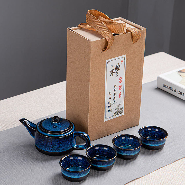 Coffret cadeau portable avec théière en céramique et théière chinoise Gongfu en dégradé de couleurs bleues et Buddha Stones
