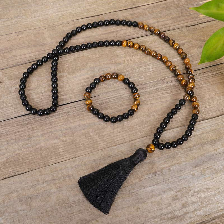 Ensemble Mala avec collier de protection en onyx noir Buddha Stones et œil de tigre