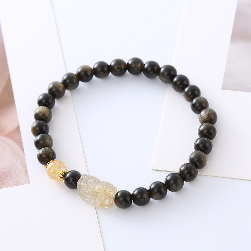 Bracelet de protection de richesse PiXiu en obsidienne naturelle dorée et brillante de Buddha Stones