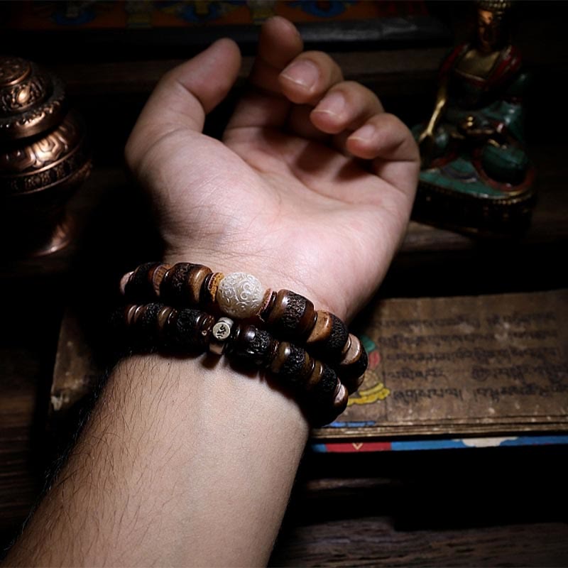 Bracelet de force en os de yak tibétain fait main en argent sterling 925 avec Buddha Stones et signe du zodiaque chinois