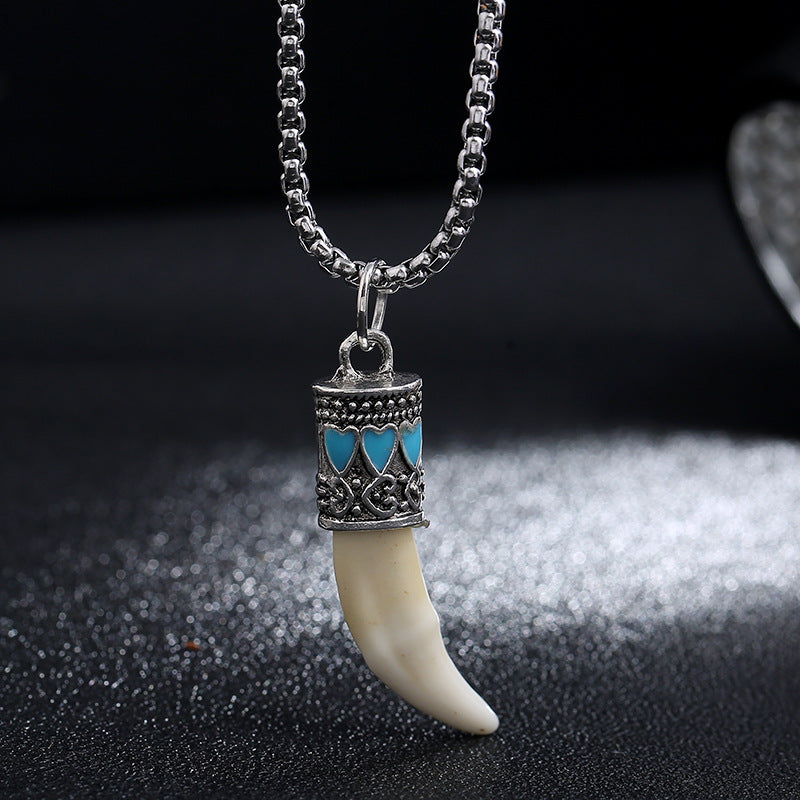 Buddha Stones Collier pendentif en acier titane Imitation dent de loup