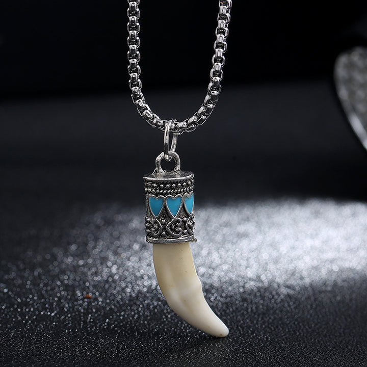 Buddha Stones Collier pendentif en acier titane Imitation dent de loup