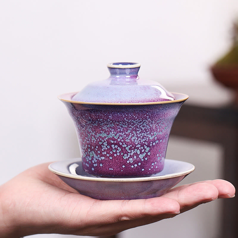 Buddha Stones Rétro Glaçure Changement De Four En Céramique Gaiwan Sancai Tasse À Thé Kung Fu Tasse À Thé Et Soucoupe Avec Couvercle