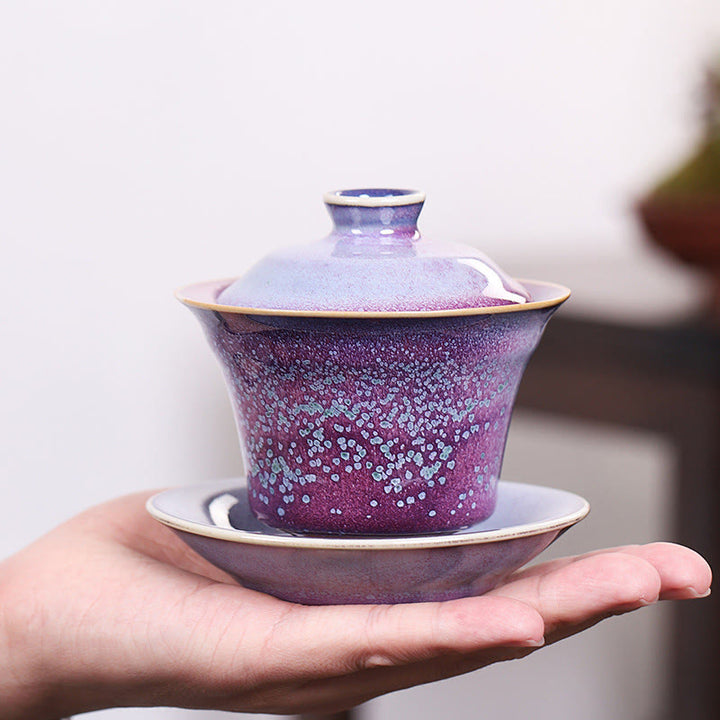 Buddha Stones Rétro Glaçure Changement De Four En Céramique Gaiwan Sancai Tasse À Thé Kung Fu Tasse À Thé Et Soucoupe Avec Couvercle - image 3