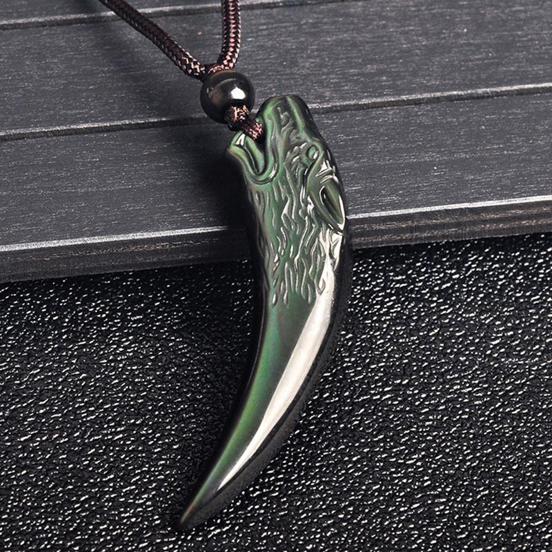 Buddha Stones Obsidienne noire naturelle Obsidienne de glace Obsidienne arc-en-ciel Motif dent de loup Collier force Pendentif