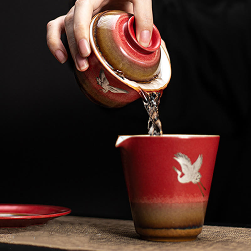 Tasse à thé et soucoupe en céramique Gaiwan Sancai avec couvercle et Buddha Stones rouge de bon augure