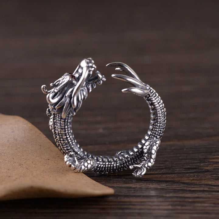 Bague de protection porte-bonheur en argent sterling 925 Buddha Stones et dragon - image 1