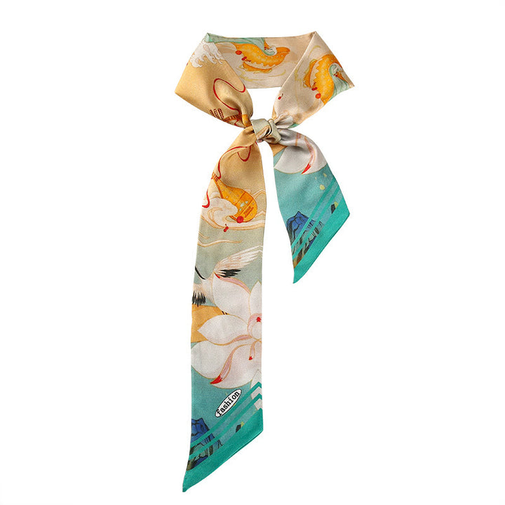 Foulard pour cheveux en soie 100 % mûre avec Buddha Stones, fresques de Dunhuang, montagnes, coucher de soleil, motif floral