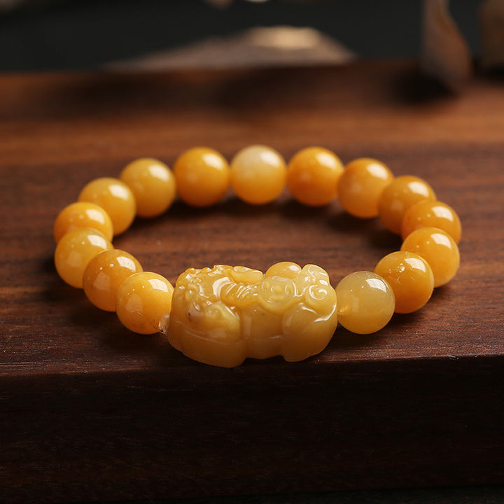 Bracelet de richesse Pixiu en jade et soie dorée avec Buddha Stones