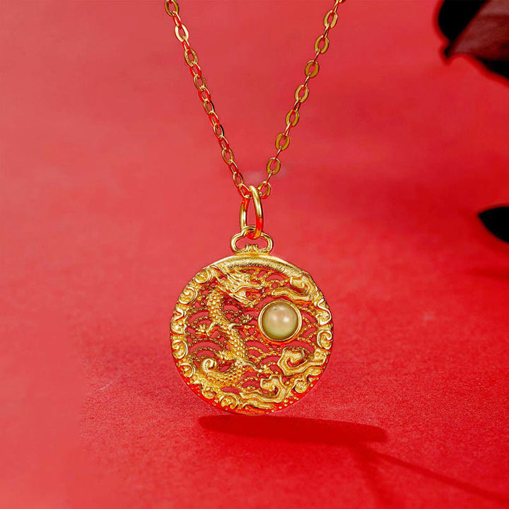 Collier pendentif porte-bonheur en argent sterling 925 Buddha Stones et nuages ​​de bon augure en jade Hetian incrusté de jade Hetian - Dragon (Protection ♥ Succès) - image 0
