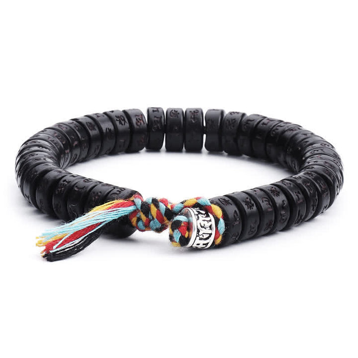 Bracelet tibétain en perles de noix de coco Buddha Stones gravées, mantra Om Mani Padme Hum, bonheur