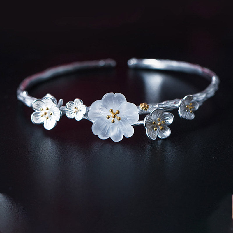 Bracelet réglable en argent sterling 925 Buddha Stones et fleur de prunier - Fleur de prunier et cristal - image 0