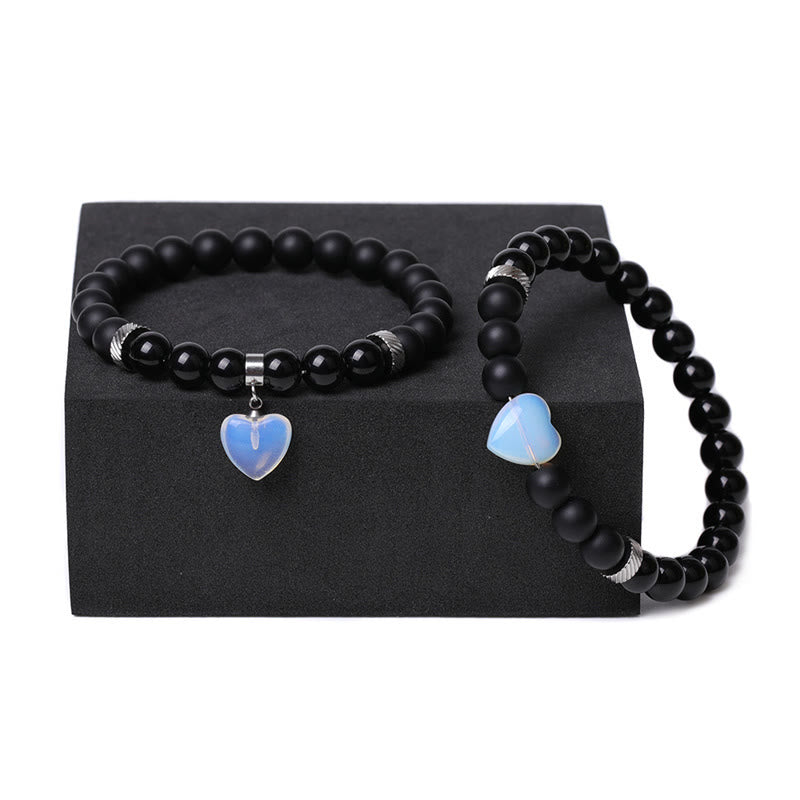 Bracelet de couple en pierre de cristal d'onyx noir Buddha Stones 2 pièces Protection du cœur d'amour
