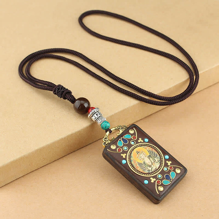 Collier pendentif en ébène Thangka Buddha Stones Tibet Dieu de la richesse