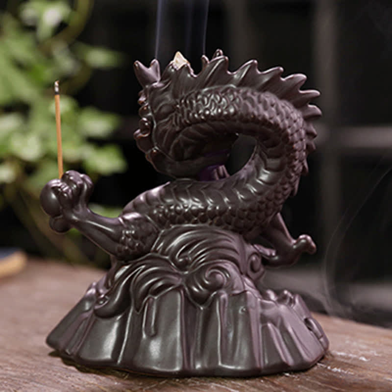 Fontaine à fumée à reflux en céramique avec Buddha Stones et dragon de bon augure, brûleur d'encens de guérison et de méditation, boule à LED décorative