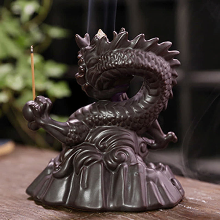 Fontaine à fumée à reflux en céramique avec Buddha Stones et dragon de bon augure, brûleur d'encens de guérison et de méditation, boule à LED décorative
