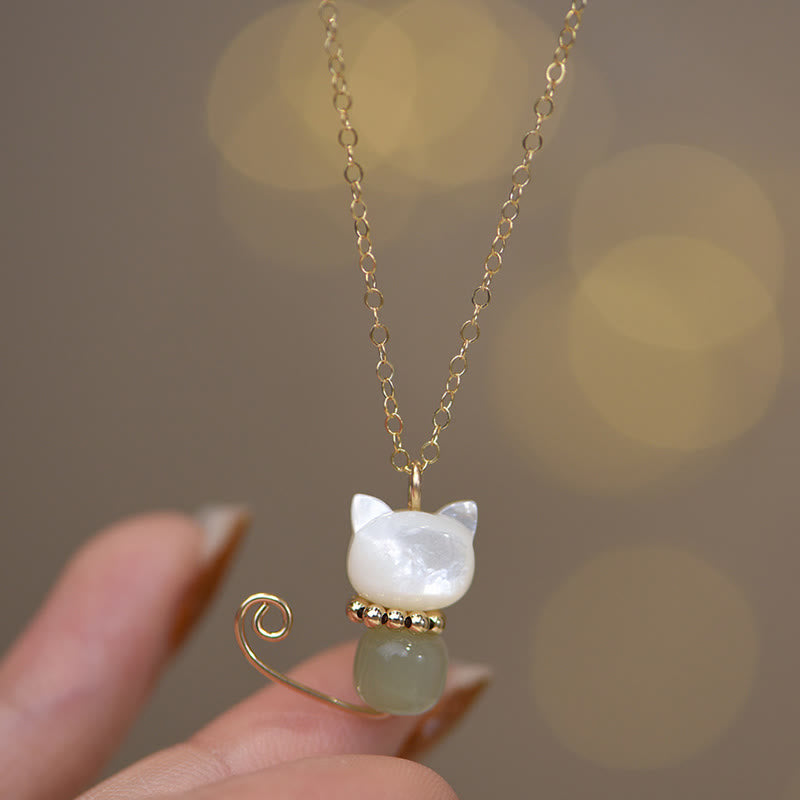 Collier avec pendentif en forme de chat porte-bonheur en jade Hetian plaqué or 14 carats avec Buddha Stones - Plaqué or 14 carats normal - Perle et jade Hetian - image 5