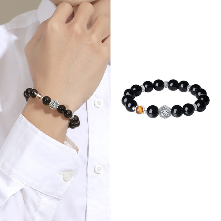 Bracelet de purification en argent sterling 925 avec Buddha Stones noire et œil de tigre de la Providence