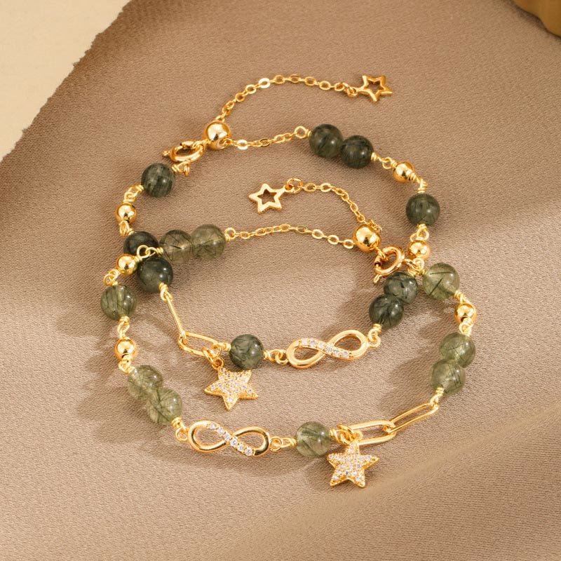 Bracelet de protection en or 14 carats avec quartz rutile vert et boucle Möbius de Buddha Stones, amour éternel et étoile