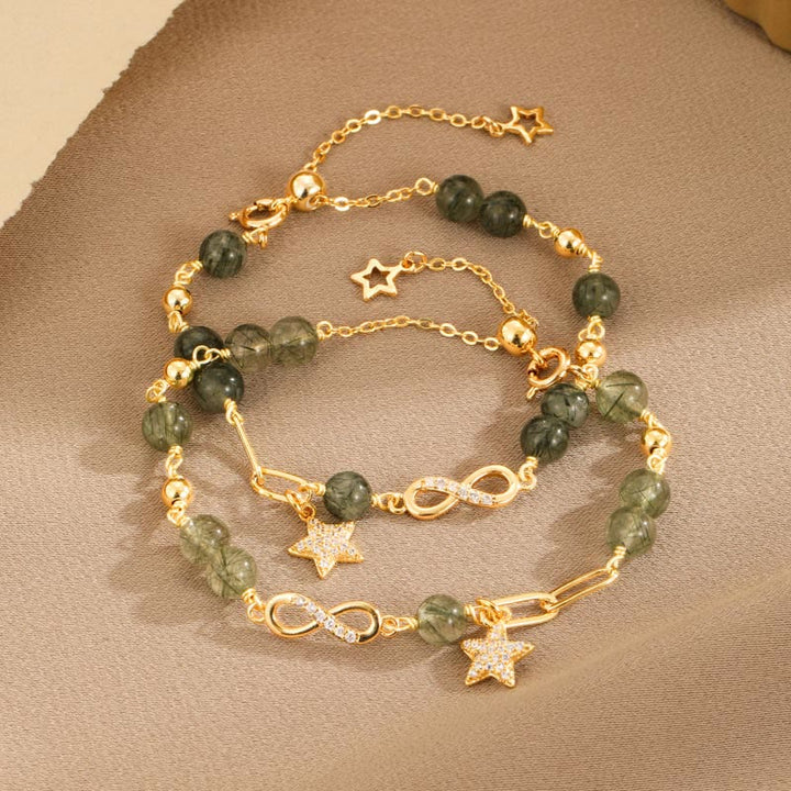 Bracelet de protection en or 14 carats avec quartz rutile vert et boucle Möbius de Buddha Stones, amour éternel et étoile