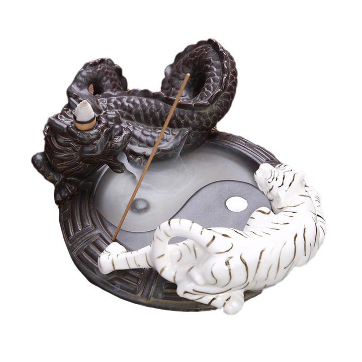 Fontaine à fumée à refoulement en Buddha Stones, tigre et dragon, en céramique, brûleur d'encens à bénédiction Yin Yang, décoration