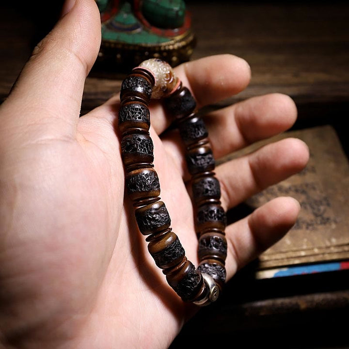 Bracelet de force en os de yak tibétain fait main en argent sterling 925 avec Buddha Stones et signe du zodiaque chinois